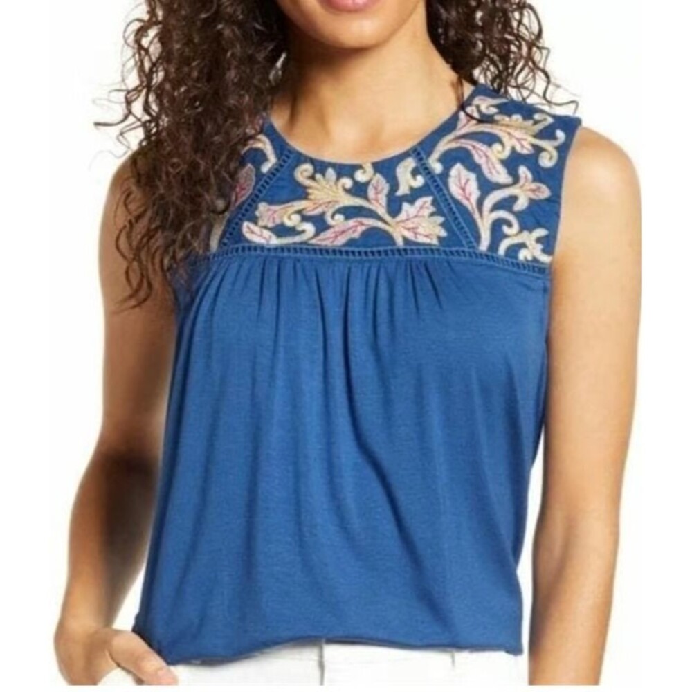 Blue Sleeveless Embroidered Tank Top